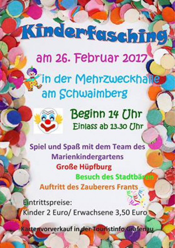 Flyer/Grafik zum Event: Kinderfasching Grafenau am So., 26.02.2017 von 14:00 bis 17:00 Uhr