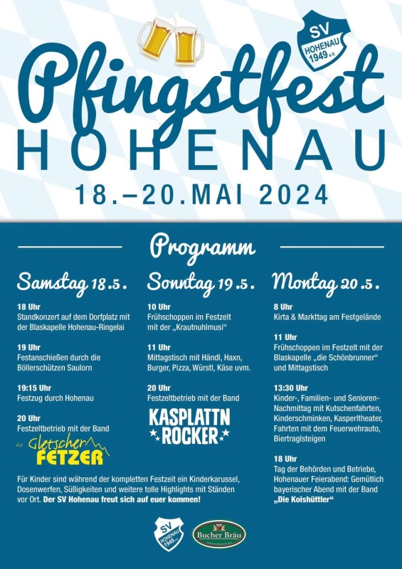 Flyer/Grafik zum Event: Pfingstfest Hohenau 2024 am Sa., 18.05.2024 - Mo., 20.05.2024 ab 18:00 Uhr