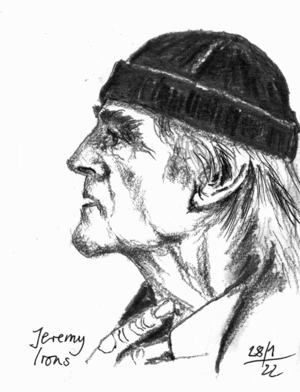 Jeremy Irons Porträtzeichnung von Jeremy Irons im Profil, mit Mütze und markanten Gesichtszügen.