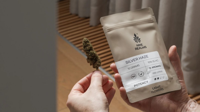 Das Bild zeigt eine Hand, die eine Cannabisblüte hält, während die andere Hand eine beige Produktverpackung mit der Aufschrift „NINE REALMS – SILVER HAZE“ präsentiert. Auf der Verpackung sind Angaben wie „10 GRAMS“, „10% THC“, „AROMAS: Pine | Citrus“ und „LIGHT FLOWERS“ zu lesen. Der Hintergrund ist dezent, mit Holz- und Stoffelementen.