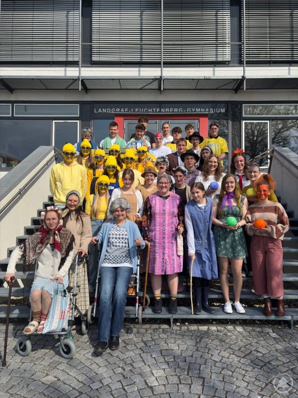 Das Motto ,,Gruppenkostüme‘‘ Schülerinnen und Schüler verkleidet als ältere Menschen und Figuren sowie in gelben Kostümen stehen gemeinsam auf der Treppe.