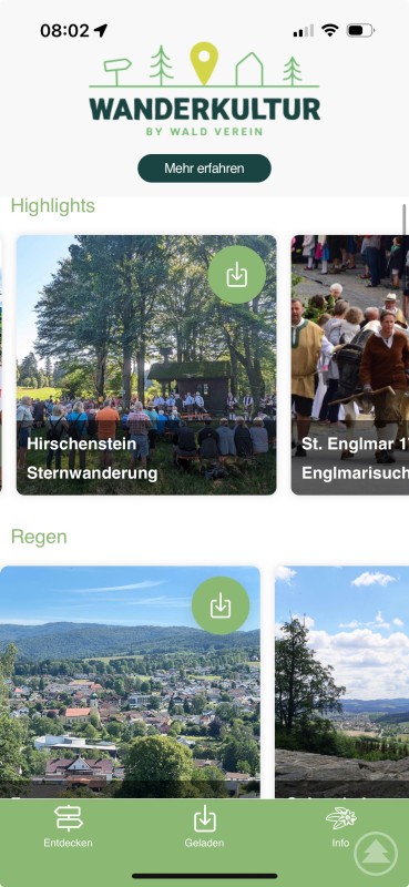 tartbildschirm der App WanderKultur mit verschiedenen Wander-Highlights, darunter die Hirschenstein-Sternwanderung.