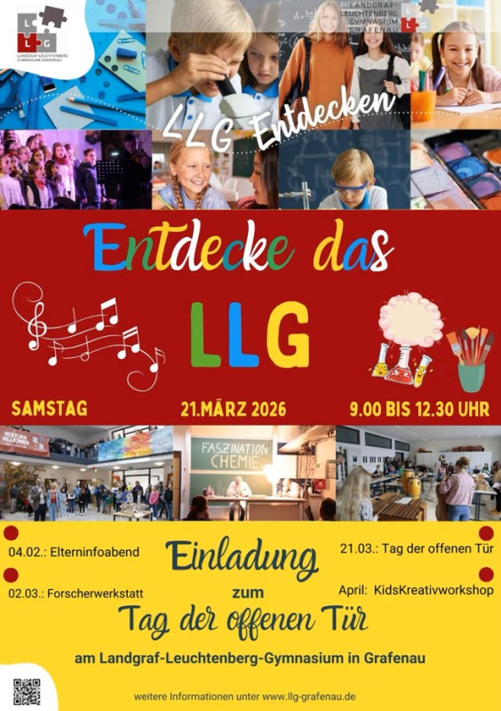 Flyer/Grafik zum Event: Tag der offenen Tür am LLG 2026 am Sa., 21.03.2026 ab 09:00 Uhr