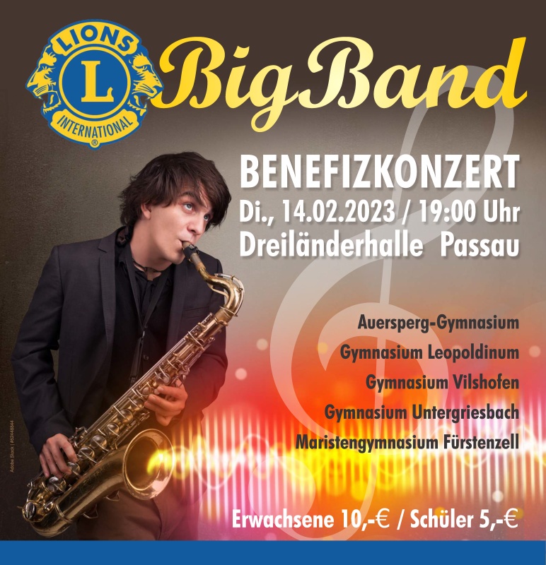 Flyer/Grafik zum Event: Zum 8. Mal: Bigbands und Benefiz in der Dreiländerhalle am Di., 14.02.2023 von 19:00 bis 22:00 Uhr