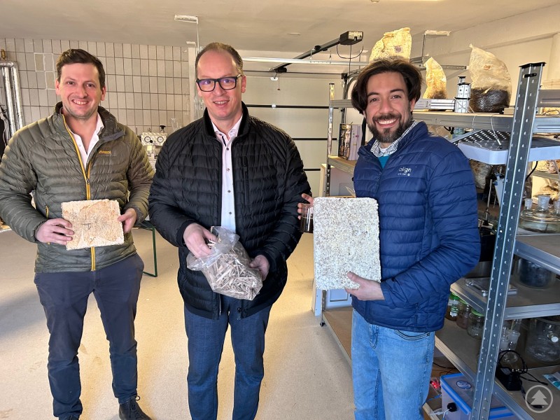 MdL Martin Behringer (v.l.) war begeistert von der Idee, dass Daniel Pretzl und Dr. Ruben Casillas aus holzigen Reststoffen mittels Pilzmyzel ökologische Rohstoffe wachsen lassen. Drei Männer stehen in einem Lagerraum, Martin Behringer in Bildmitte, und präsentieren mehrere aus Pilzmyzel gewachsene Platten und Rohstoffe.