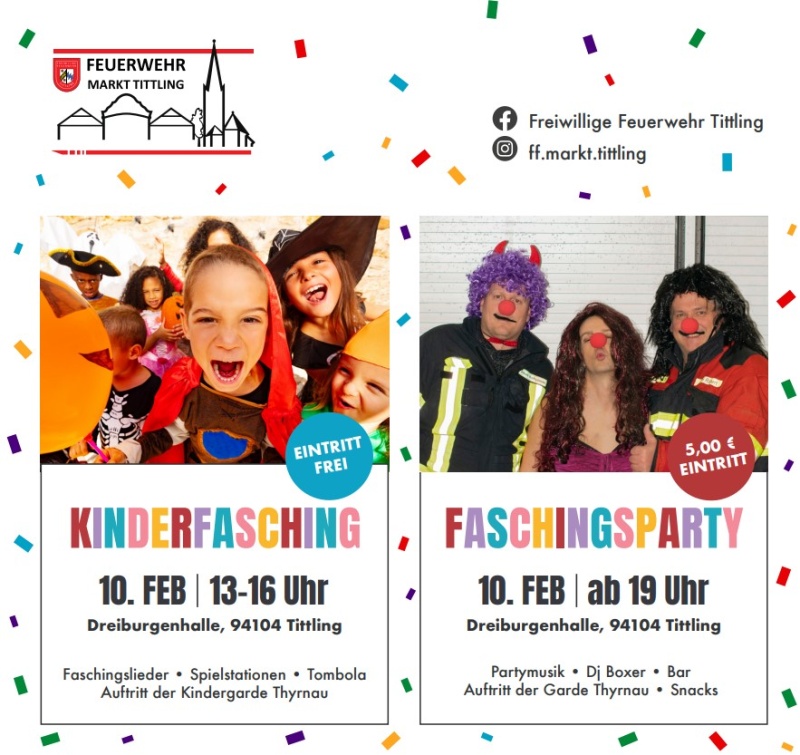 Flyer/Grafik zum Event: Fasching bei der FFW Tittling am Sa., 10.02.2024 ab 13:00 Uhr