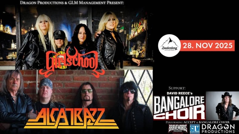 Flyer/Grafik zum Event: Girlschool + Alcatrazz + Bangalore Choir – Legends Collide Tour 2025 im Zauberberg Passau am Fr., 28.11.2025