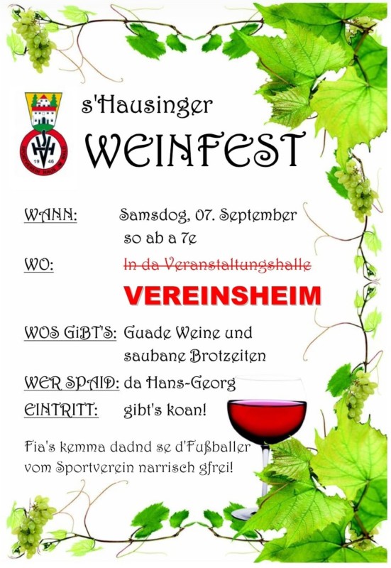 Flyer/Grafik zum Event: s´Hausinger Weinfest am Sa., 07.09.2024 ab 19:00 Uhr
