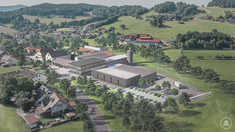 Luftbild-Rendering eines modernen Firmenkomplexes mit Produktionshalle, Verwaltung und Parkpl&auml;tzen in l&auml;ndlicher Umgebung.