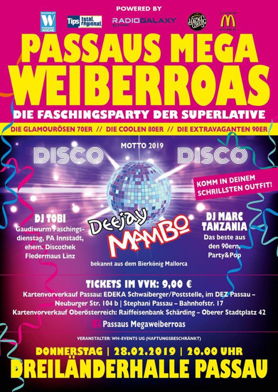 Flyer/Grafik zum Event: Passaus MEGA Weiberroas 2019 am Do., 28.02.2019 von 20:00 bis 03:00 Uhr
