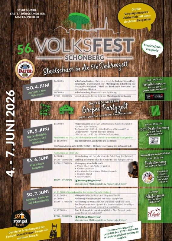 Flyer/Grafik zum Event: 56. Schönberger Volksfest 2026 am Do., 04.06.2026 - So., 07.06.2026 ab 16:00 Uhr