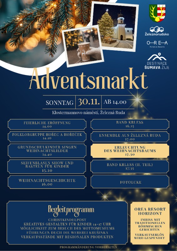 Flyer/Grafik zum Event: Adventsmarkt in Železná Ruda am So., 30.11.2025 von 14:00 bis 20:00 Uhr