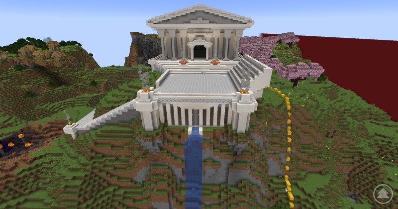 Tempelanlage im Stil der Walhalla – das virtuelle Zentrum des Ilzer Landes in der Smart World. Ein großes, weißes Tempelgebäude auf einem Hügel in Minecraft, mit Säulen, Treppenaufgängen und Wasserfall.