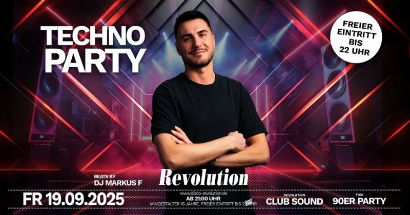 Flyer/Grafik zum Event: Techno Party im Revolution mit DJ Markus F am Fr., 19.09.2025 ab 21:00 Uhr
