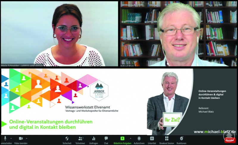 Ehrenamts-Ansprechpartnerin Maria Schneider und Vereinsberater Michael Blatz im Online-Seminar