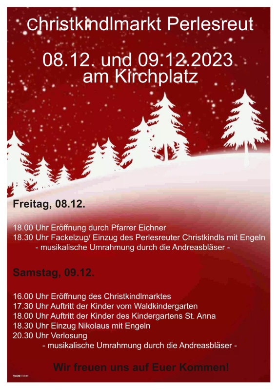 Flyer/Grafik zum Event: Christkindlmarkt Perlesreut am Fr., 08.12.2023 - Sa., 09.12.2023