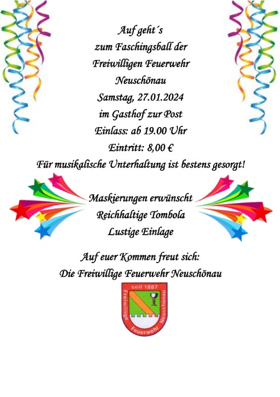 Flyer/Grafik zum Event: Feuerwehrball der Freiwilligen Feuerwehr Neuschönau am Sa., 27.01.2024 - Sa., 25.01.2025 von 19:00 bis 23:30 Uhr