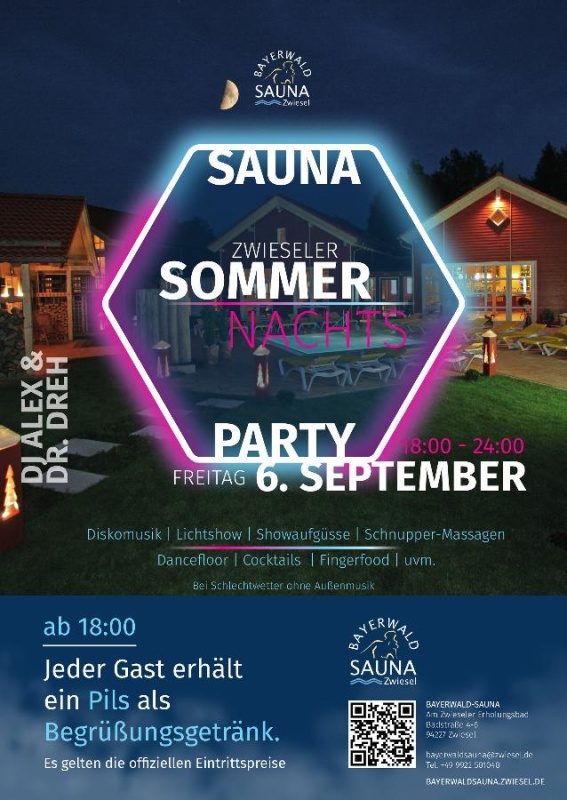 Flyer/Grafik zum Event: Sommernachtsparty in der Bayerwaldsauna am Fr., 06.09.2024