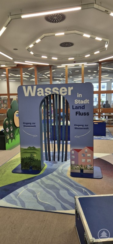 Ein gro&szlig;er Eingangsbereich einer Ausstellung mit der Aufschrift Wasser in Stadt Land Fluss l&auml;dt Besucher ein, die interaktive Wasserwelt zu betreten.
