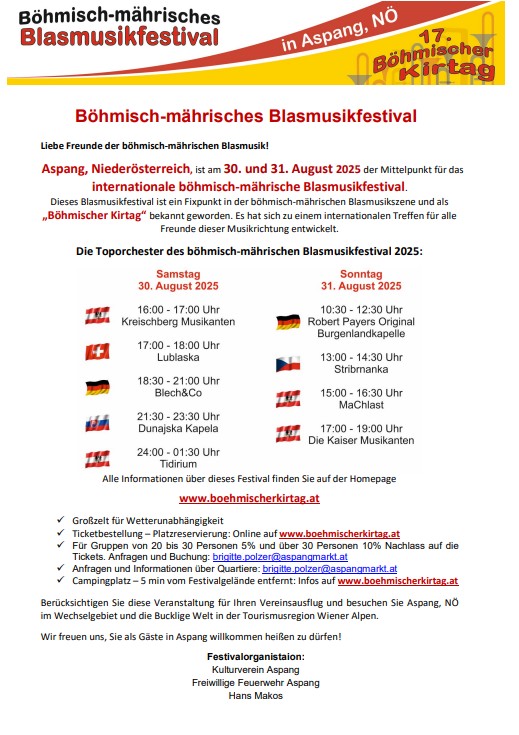 Flyer/Grafik zum Event: 17. Böhmischen Kirtag - Internationale böhmisch-mährisches Blasmusikfestival am Sa., 30.08.2025