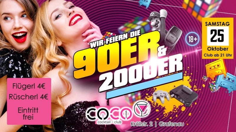 Flyer/Grafik zum Event: 90er & 2000er Party im COCO Cocktail-Club Grafenau 2025 am Sa., 25.10.2025 ab 21:00 Uhr