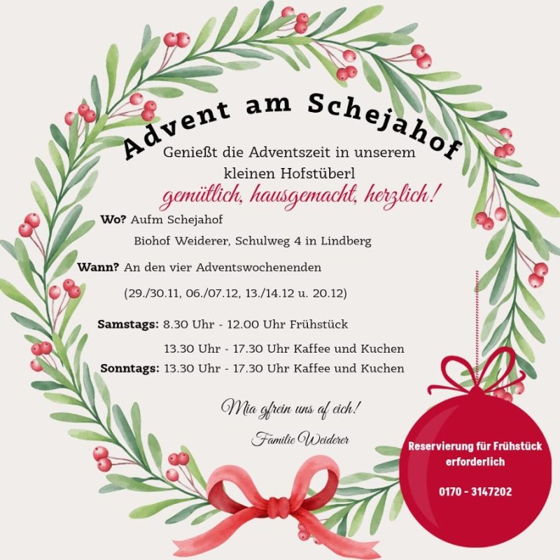 Flyer/Grafik zum Event: Advent am Schejahof am Sa., 29.11.2025 - Sa., 20.12.2025