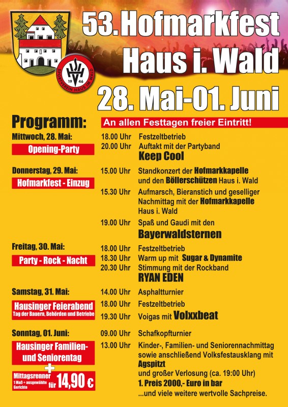 Flyer/Grafik zum Event: 53. Hofmarkfest Haus i. Wald am Mi., 28.05.2025 - So., 01.06.2025