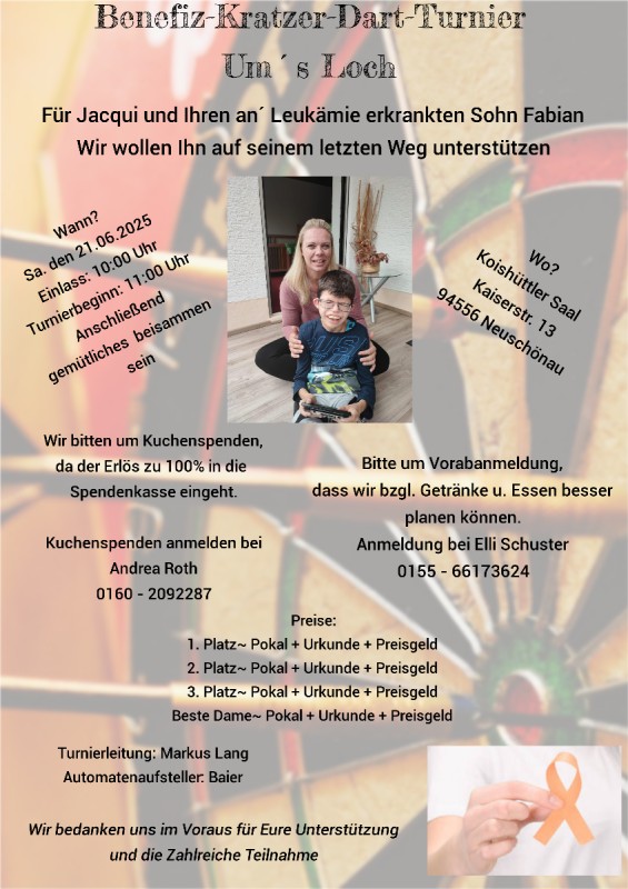 Flyer/Grafik zum Event: Benefiz-Kratzer-Dart-Tunier Um`s Loch am Sa., 21.06.2025 von 10:00 bis 23:00 Uhr