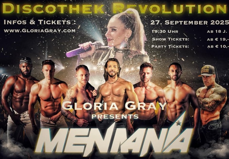 Flyer/Grafik zum Event: Gloria Gray präsentiert MENMANIA im Revolution am Sa., 27.09.2025 ab 19:30 Uhr