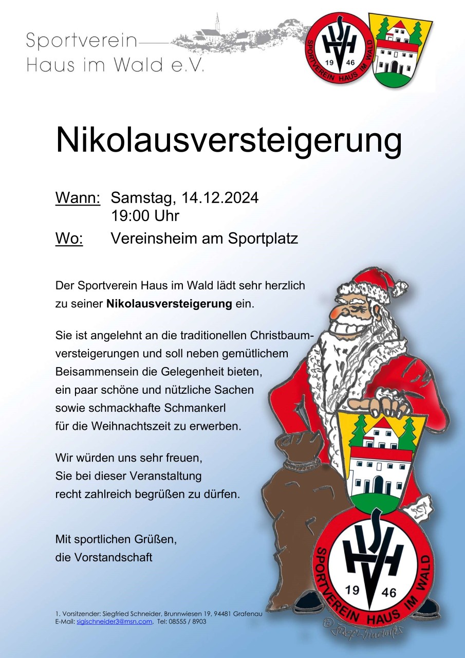 Flyer/Grafik zum Event: Nikolausversteigerung SV Haus i. Wald am Sa., 14.12.2024 ab 19:00 Uhr