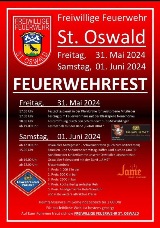 Flyer/Grafik zum Event: Feuerwehrfest St.Oswald am Fr., 31.05.2024 - Sa., 01.06.2024