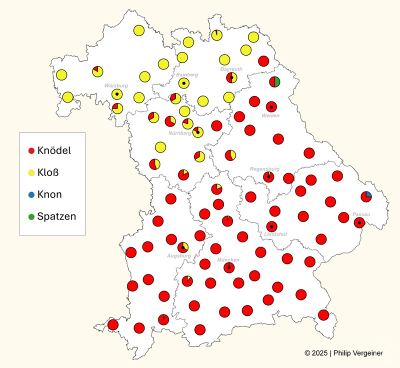 Das dritte Bild zeigt ebenfalls eine Karte von Bayern, diesmal mit den Dialektvarianten für Knödel. In den meisten Regionen wird das Wort Knödel verwendet, im Norden häufiger Kloß, und in kleineren Gebieten treten seltenere Varianten wie Knon oder Spatzen auf.