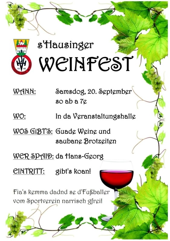 Flyer/Grafik zum Event: Hausinger Weinfest 2025 am Sa., 20.09.2025 ab 19:00 Uhr