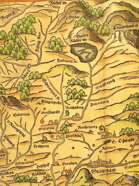 Die Karte zeigt Spiegelau und umliegende Orte. Ebenfalls sind die Glashütten verzeichnet.