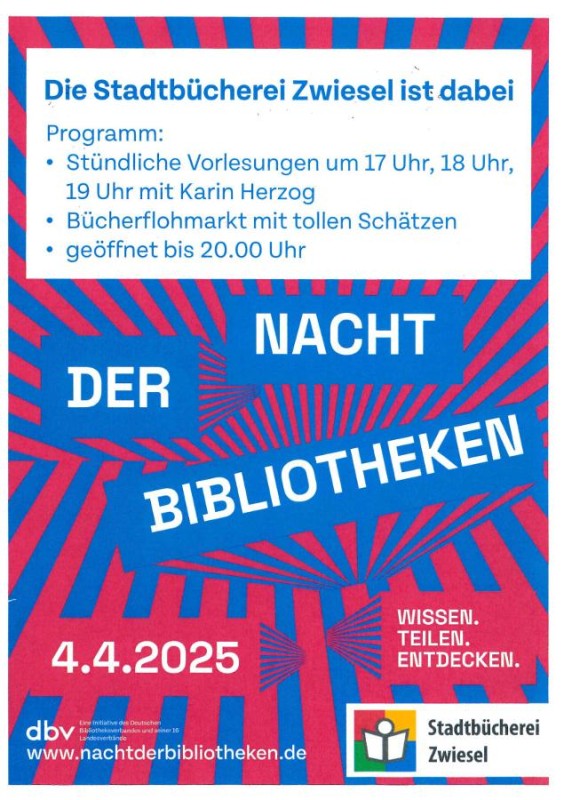 Flyer/Grafik zum Event: Nacht der Bibliotheken am Fr., 04.04.2025 von 17:00 bis 20:00 Uhr