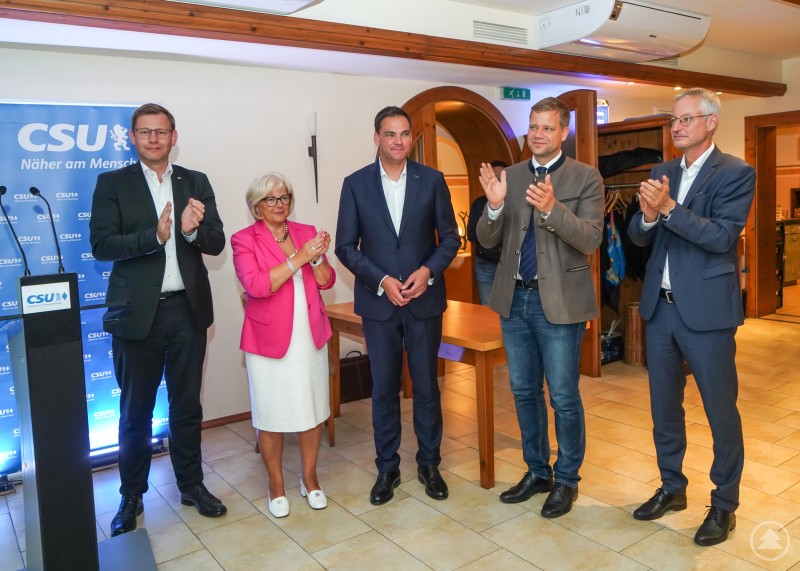 Sebastian Gruber (Mitte) erhielt bei der CSU-Kreisvertreterversammlung in Werenain 99,1 Prozent der Stimmen – ein starkes Signal für die Kommunalwahl 2026. Fünf Personen, darunter Sebastian Gruber (Mitte), stehen vor einem CSU-Roll-Up und applaudieren.