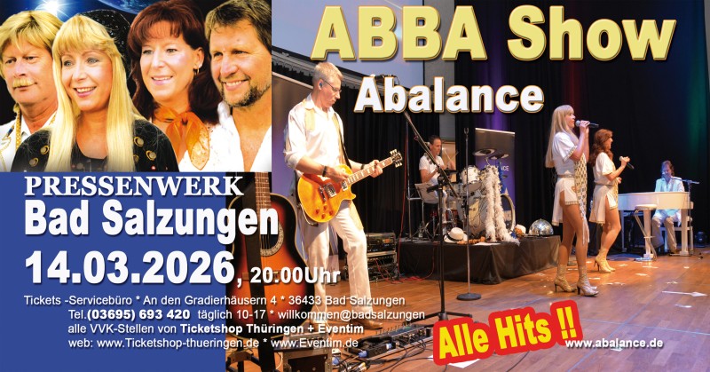 Flyer/Grafik zum Event: ABBA - ABALANCE The Show Bad Salzungen am Sa., 14.03.2026