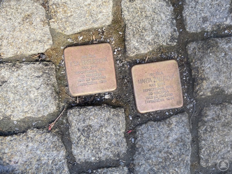 Zwei sogenannte Stolpersteine im Kopfsteinpflaster erinnern an j&uuml;dische B&uuml;rgerinnen, die w&auml;hrend des Nationalsozialismus deportiert und ermordet wurden.