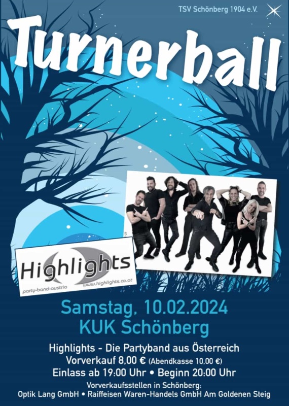 Flyer/Grafik zum Event: Turnerball des TSV Schönberg am Sa., 10.02.2024 ab 20:00 Uhr