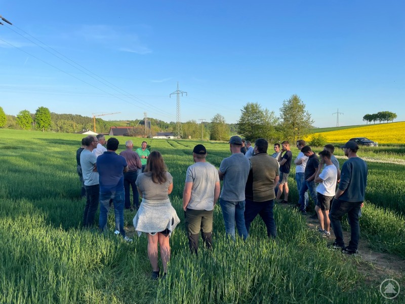 Auf einem Praxisschlag informierten sich die Landwirte über anstehende Dünge- und Pflanzenschutzmaßnahmen. Eine Gruppe Landwirte steht bei sonnigem Wetter in einem Getreidefeld, während eine Person fachliche Informationen vermittelt. Im Hintergrund sind landwirtschaftliche Gebäude, Stromleitungen und ein Rapsfeld zu sehen.