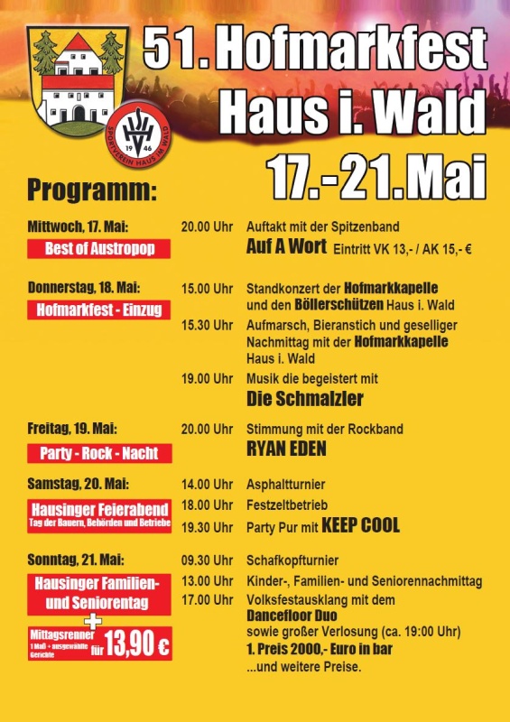 Flyer/Grafik zum Event: 51. Hofmarkfest Haus i. Wald am Mi., 17.05.2023 - So., 21.05.2023