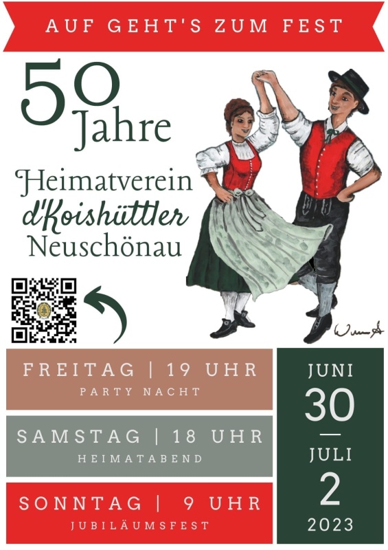Flyer/Grafik zum Event: 50-jähriges Gründungsjubiläum d'Koishüttler Neuschönau am Fr., 30.06.2023 - So., 02.07.2023