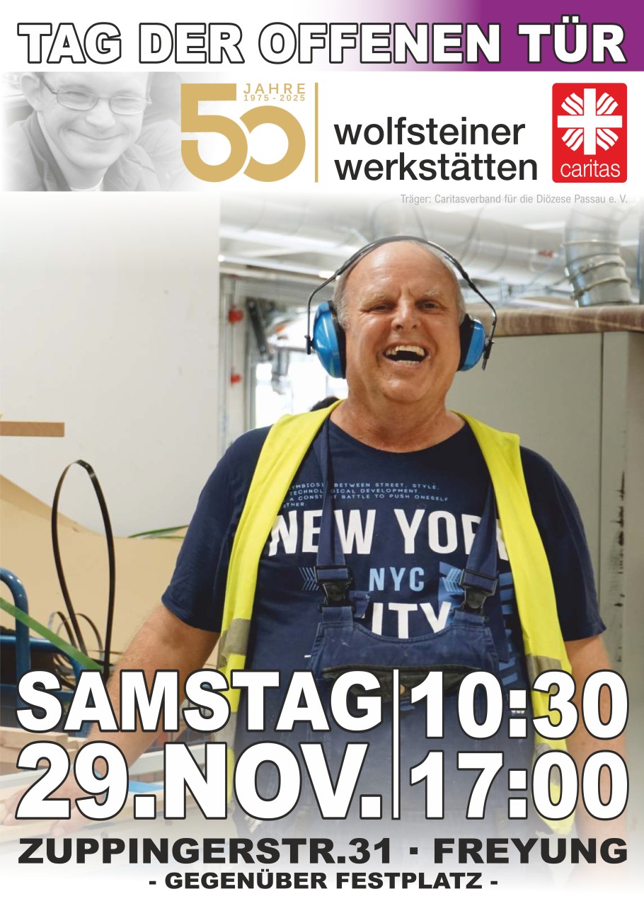 Flyer/Grafik zum Event: Tag der offenen Tür Wolfsteiner Werkstätten 2025 am Sa., 29.11.2025 von 10:30 bis 17:00 Uhr
