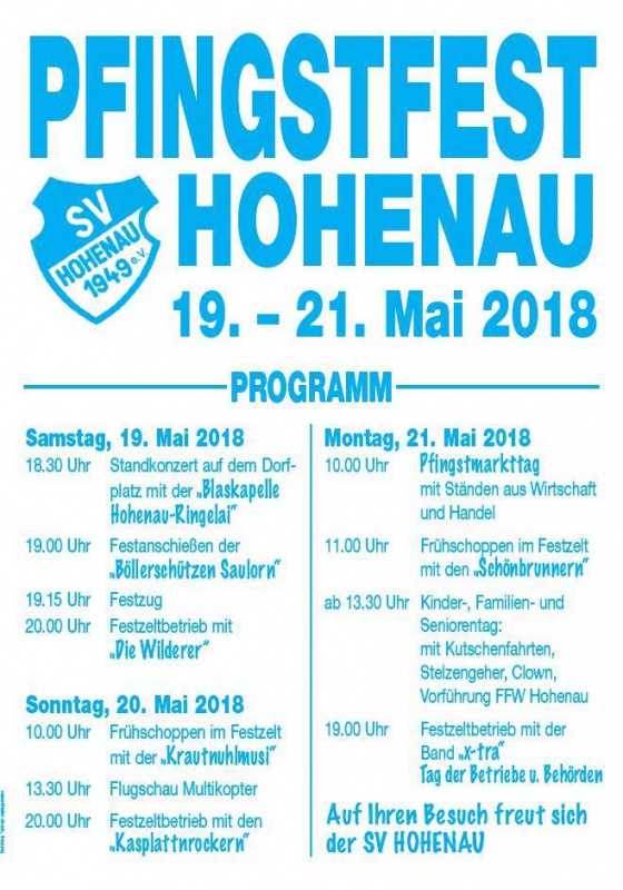Flyer/Grafik zum Event: Pfingstfest Hohenau 2018 am Sa., 19.05.2018 - Mo., 21.05.2018