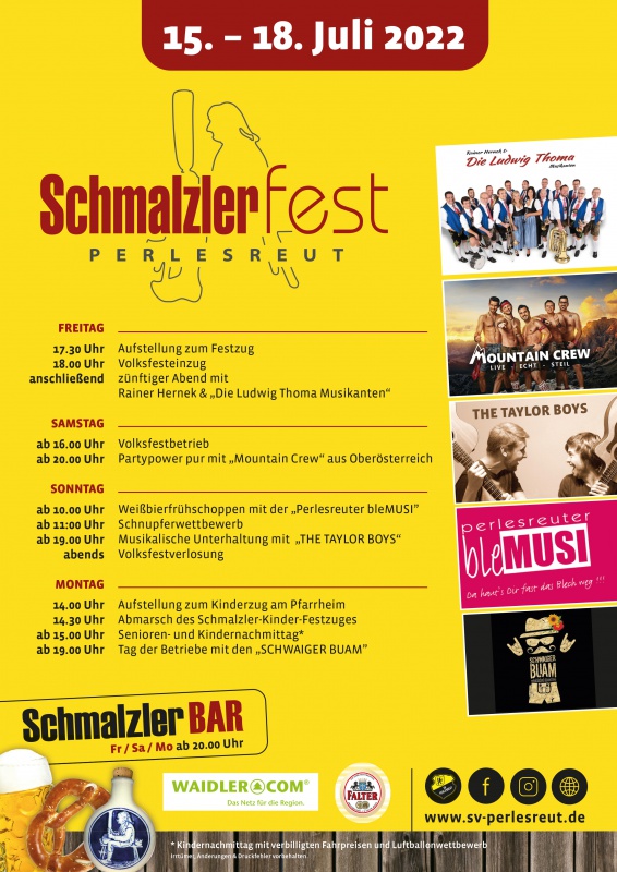 Flyer/Grafik zum Event: Schmalzlerfest Perlesreut 2022 am Fr., 15.07.2022 ab 17:30 Uhr