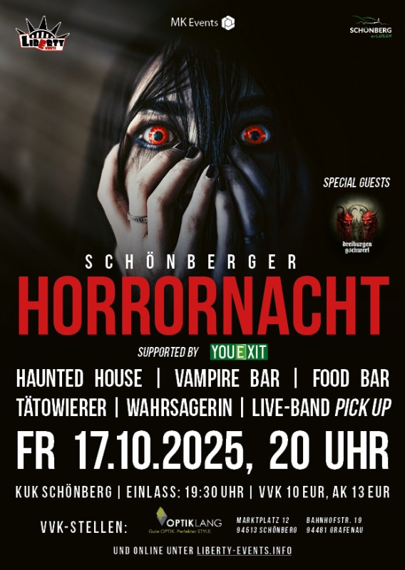 Flyer/Grafik zum Event: Schönberger Horrornacht 2025 am Fr., 17.10.2025 ab 20:00 Uhr