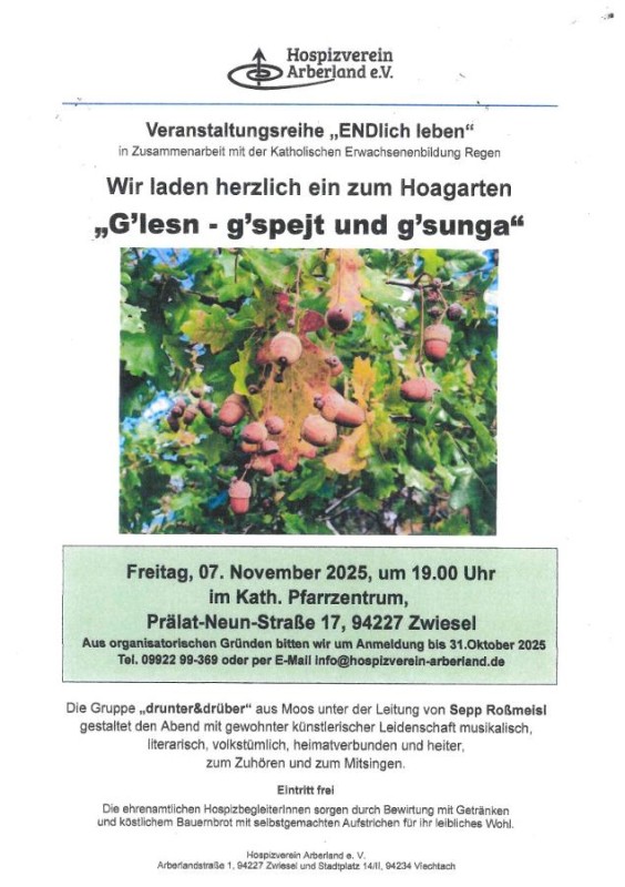 Flyer/Grafik zum Event: Hoagarten "G´lesn - g´spejt und g´sunga" am Fr., 07.11.2025 von 19:00 bis 21:30 Uhr