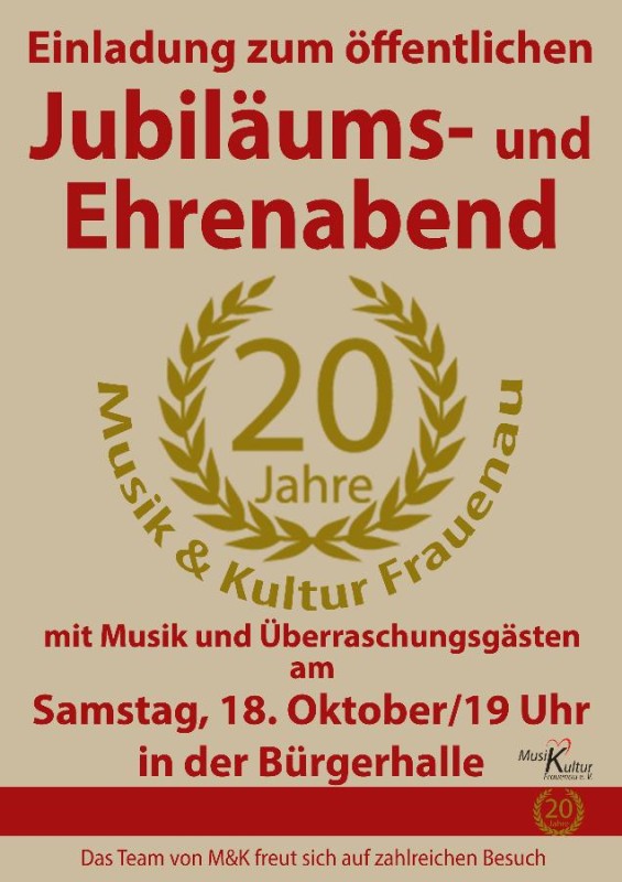 Flyer/Grafik zum Event: 20 Jahre Musik&Kultur Frauenau e.V. am Sa., 18.10.2025 von 19:00 bis 23:00 Uhr