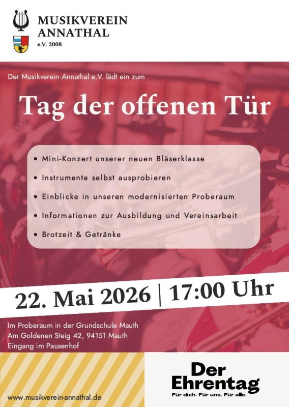 Flyer/Grafik zum Event: Tag der offenen Tür des Musikvereins Annathal am Fr., 22.05.2026 - Do., 18.06.2026