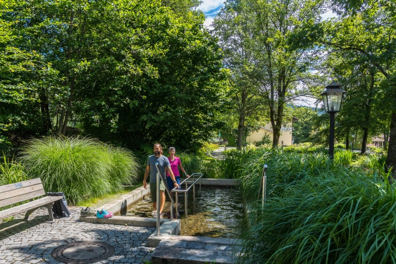 Ein Mann und eine Frau gehen barfuß durch ein Kneippbecken im Kurpark, umgeben von dichtem Grün und Sommerlicht. Ihre Schuhe stehen am Beckenrand.